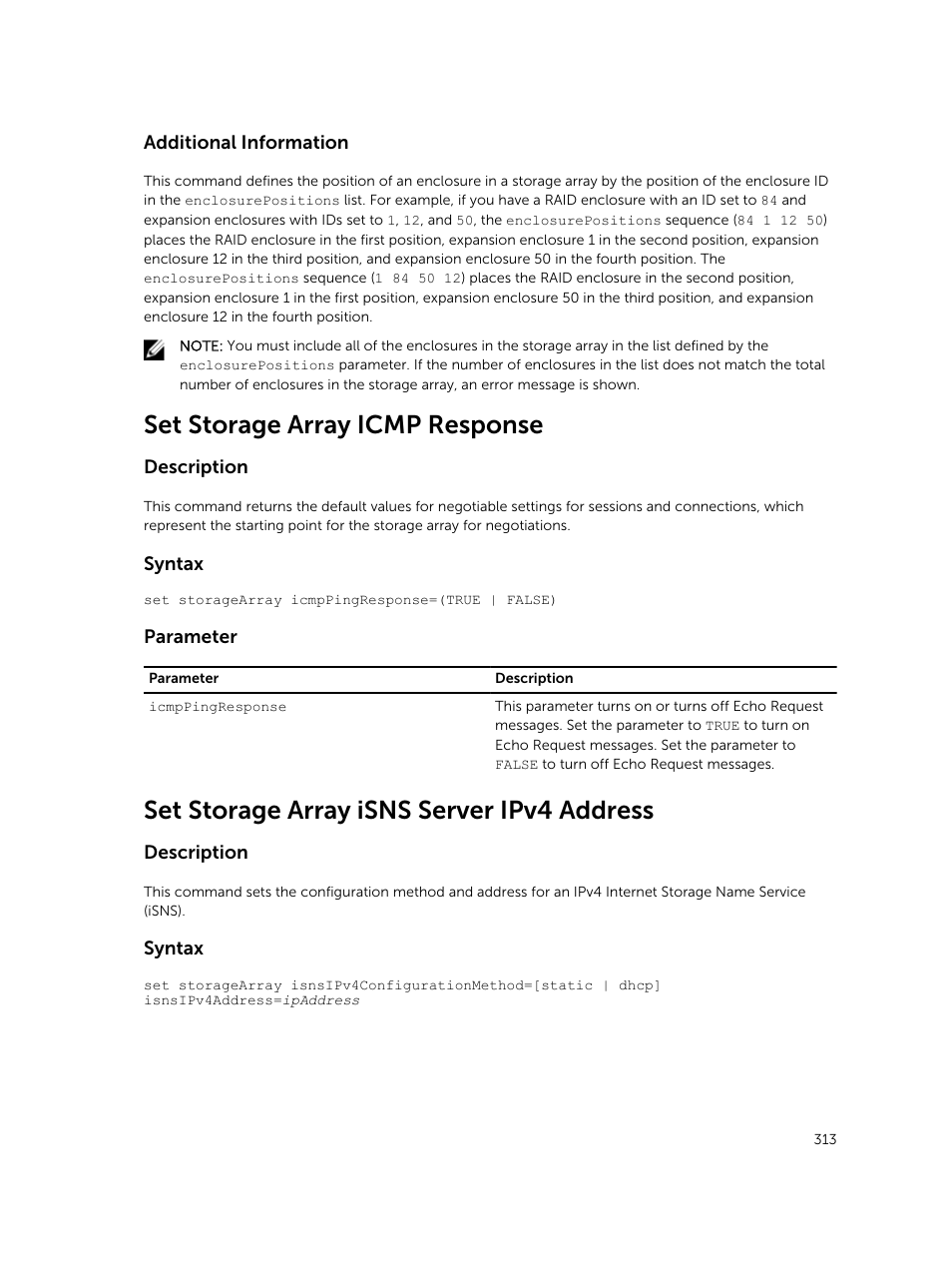 Set storage array icmp response, Set storage array isns server ipv4 address | Dell PowerVault MD3420 User Manual | Page 313 / 405