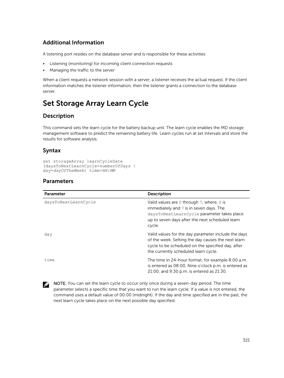 Set storage array learn cycle, Additional information, Description | Syntax, Parameters | Dell PowerVault MD3420 User Manual | Page 315 / 405