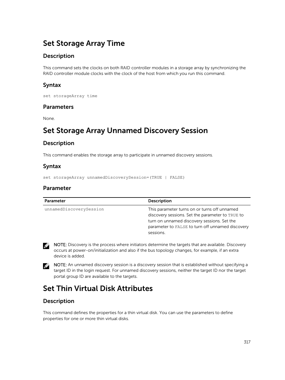 Set storage array time, Set storage array unnamed discovery session, Set thin virtual disk attributes | Dell PowerVault MD3420 User Manual | Page 317 / 405