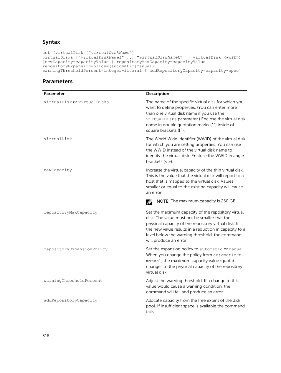 Syntax, Parameters | Dell PowerVault MD3420 User Manual | Page 318 / 405