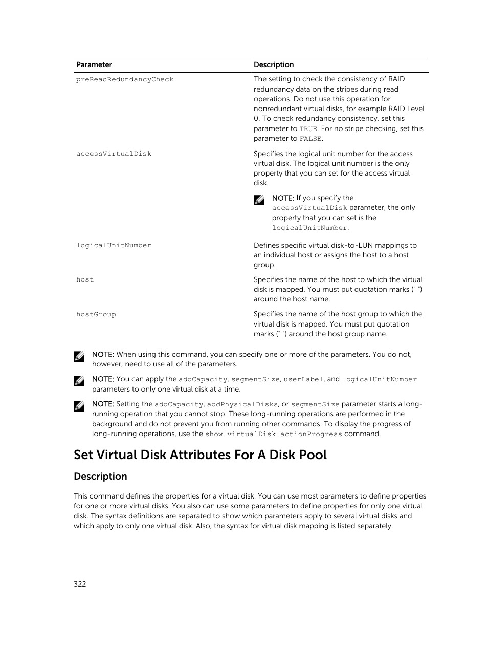 Set virtual disk attributes for a disk pool, Description | Dell PowerVault MD3420 User Manual | Page 322 / 405