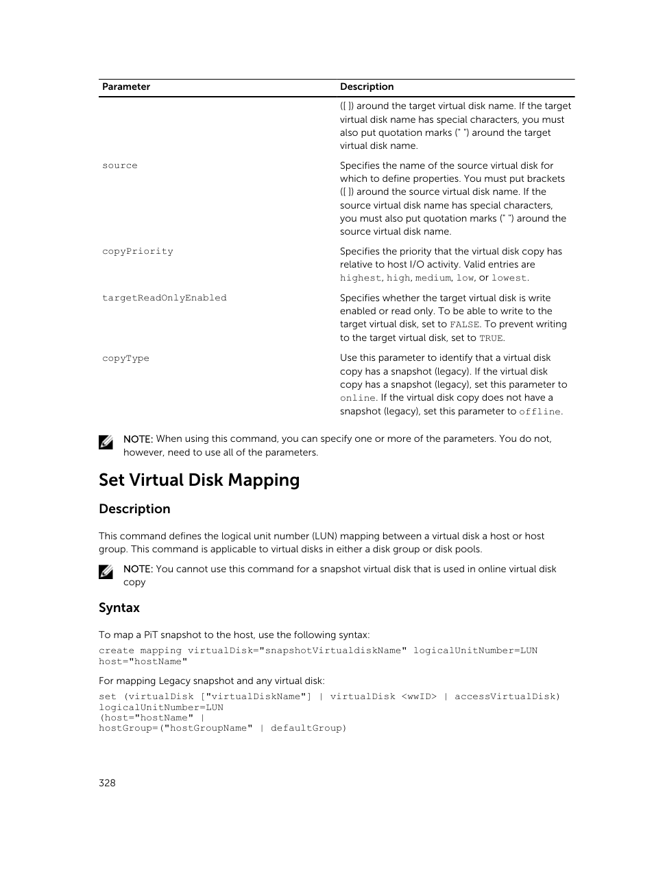 Set virtual disk mapping, Description, Syntax | Dell PowerVault MD3420 User Manual | Page 328 / 405