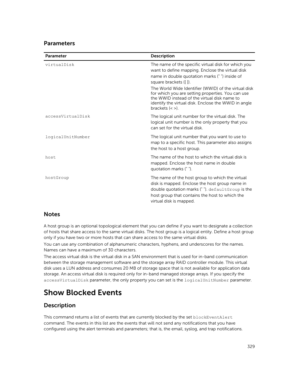 Show blocked events, Parameters, Description | Dell PowerVault MD3420 User Manual | Page 329 / 405