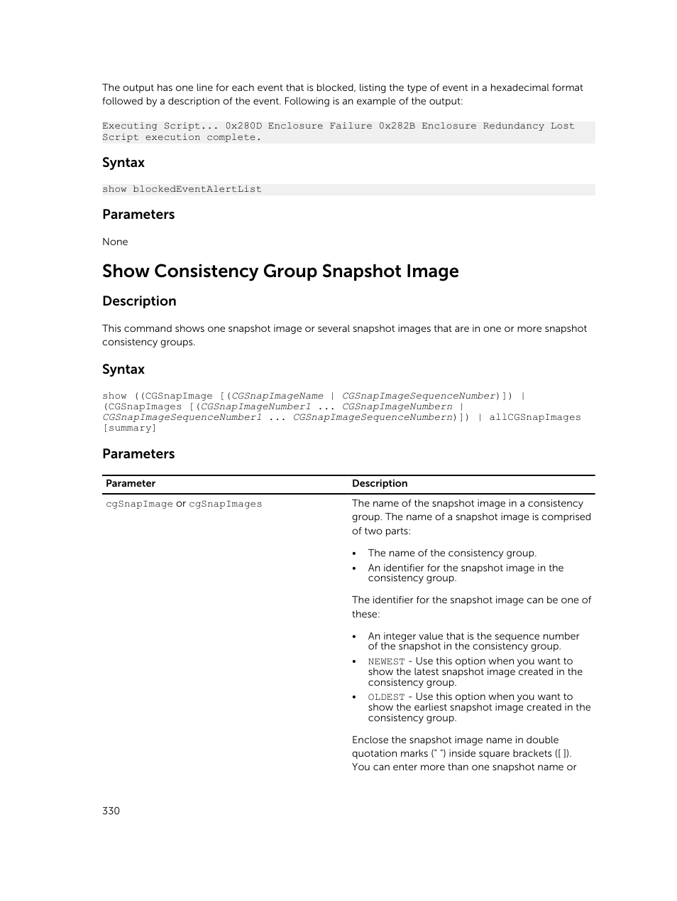 Show consistency group snapshot image, Syntax, Parameters | Description | Dell PowerVault MD3420 User Manual | Page 330 / 405