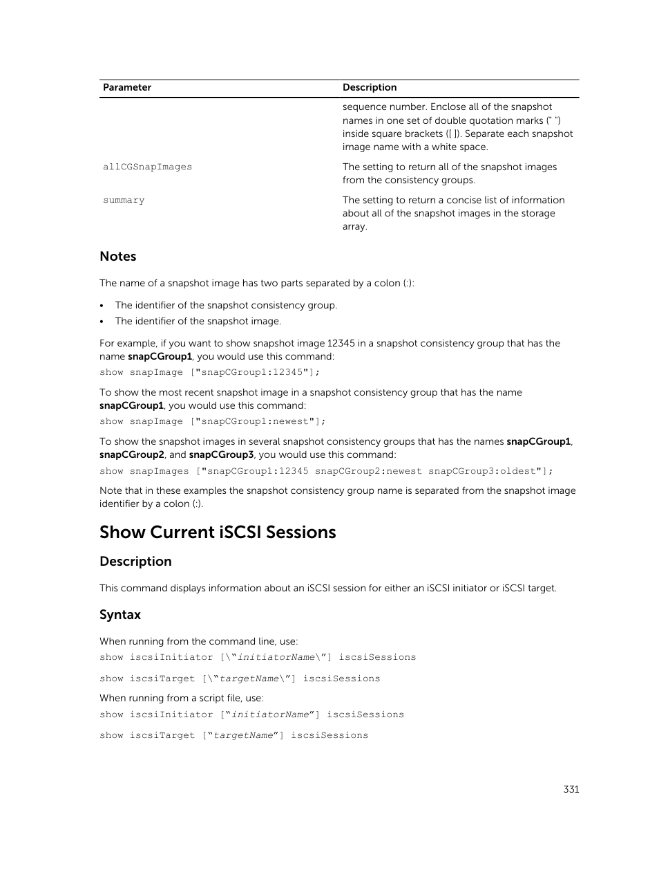 Show current iscsi sessions, Description, Syntax | Dell PowerVault MD3420 User Manual | Page 331 / 405
