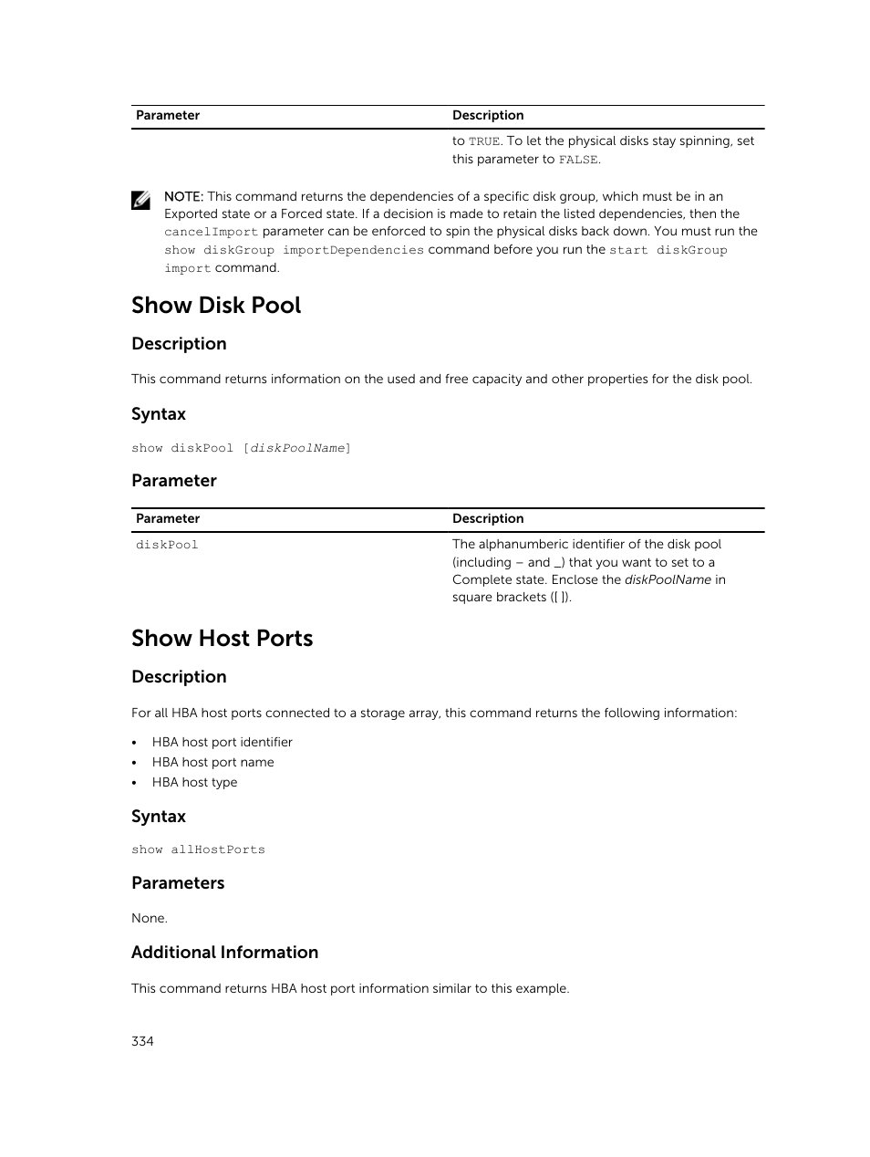 Show disk pool, Show host ports | Dell PowerVault MD3420 User Manual | Page 334 / 405