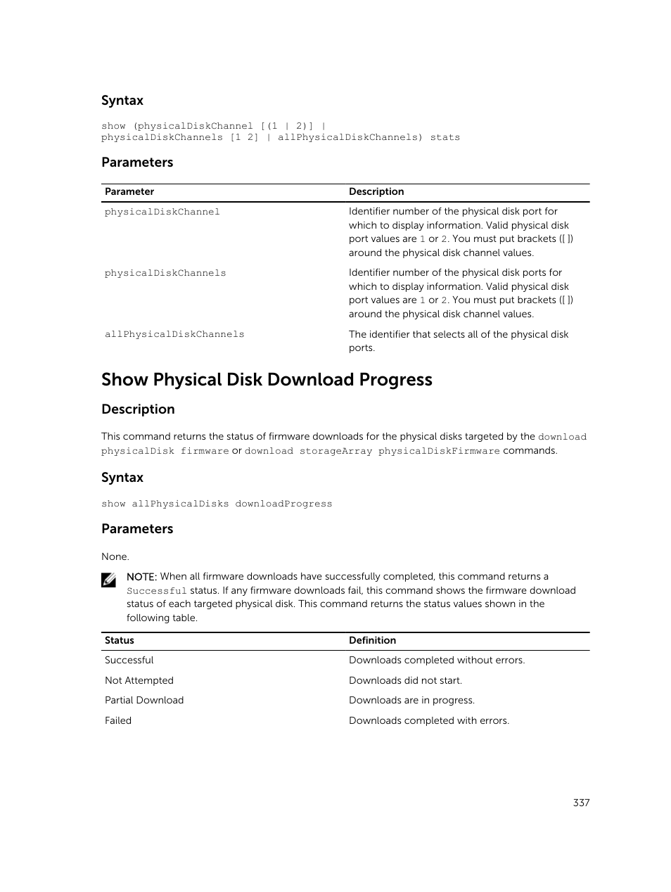 Show physical disk download progress, Syntax, Parameters | Description | Dell PowerVault MD3420 User Manual | Page 337 / 405