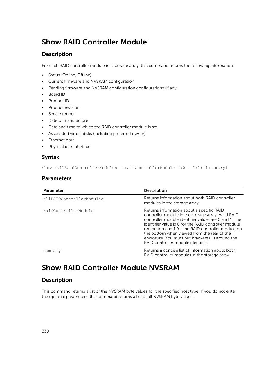 Show raid controller module, Show raid controller module nvsram, Description | Syntax, Parameters | Dell PowerVault MD3420 User Manual | Page 338 / 405