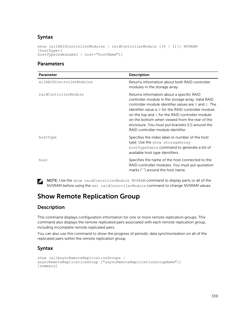 Show remote replication group, Syntax, Parameters | Description | Dell PowerVault MD3420 User Manual | Page 339 / 405