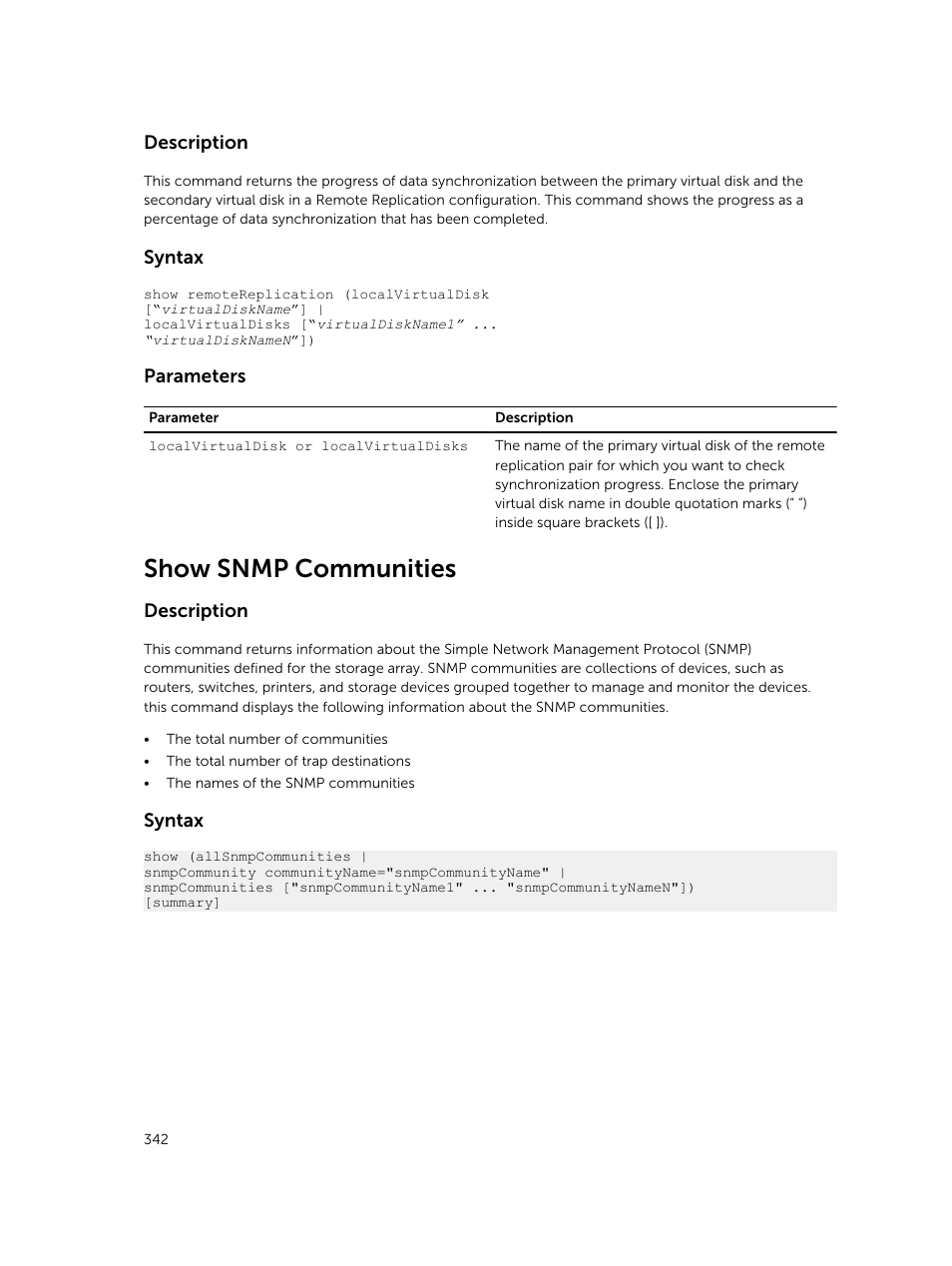 Show snmp communities | Dell PowerVault MD3420 User Manual | Page 342 / 405