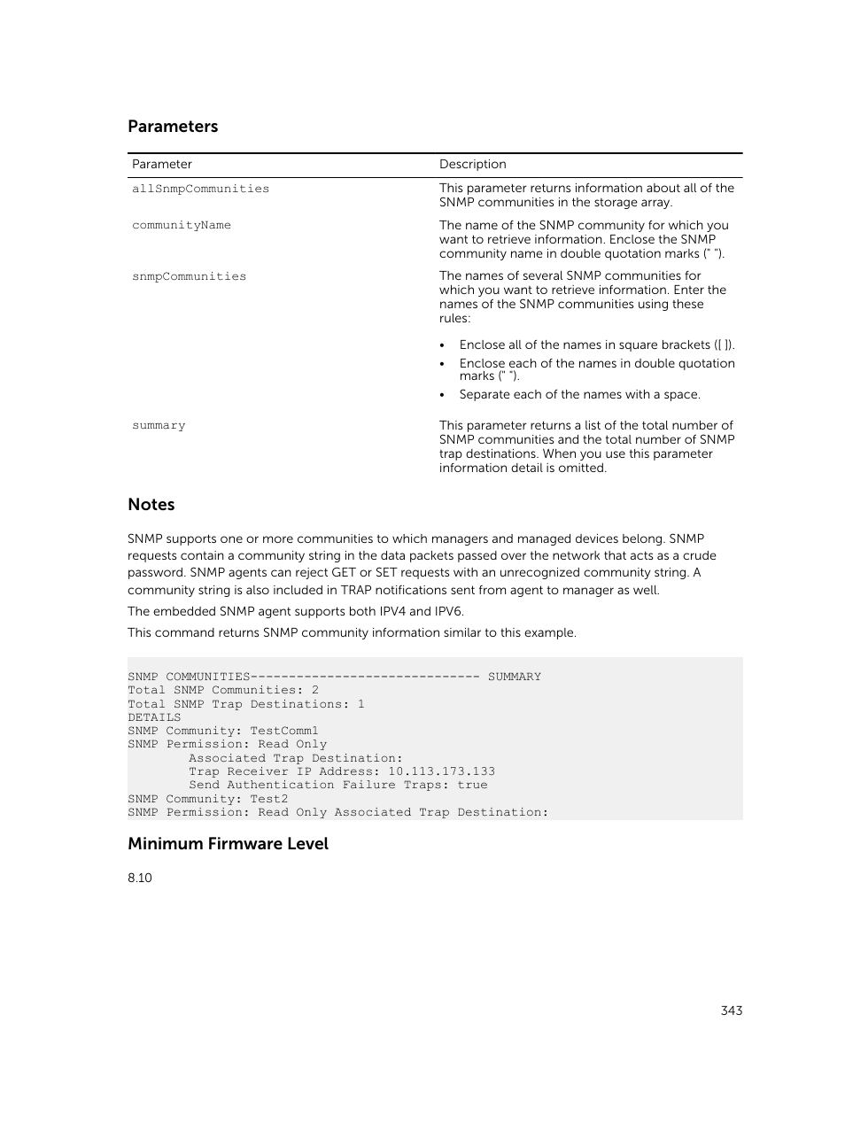 Parameters, Minimum firmware level | Dell PowerVault MD3420 User Manual | Page 343 / 405