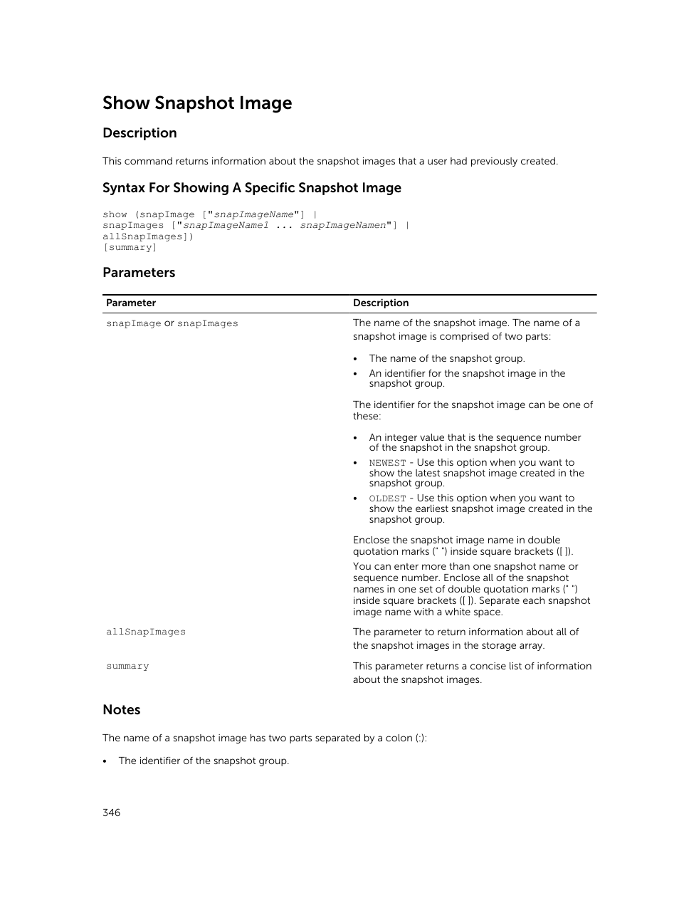 Show snapshot image, Description, Syntax for showing a specific snapshot image | Parameters | Dell PowerVault MD3420 User Manual | Page 346 / 405
