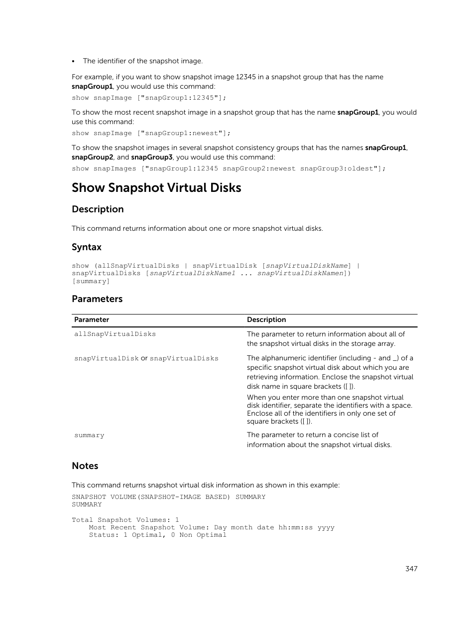 Show snapshot virtual disks, Description, Syntax | Parameters | Dell PowerVault MD3420 User Manual | Page 347 / 405