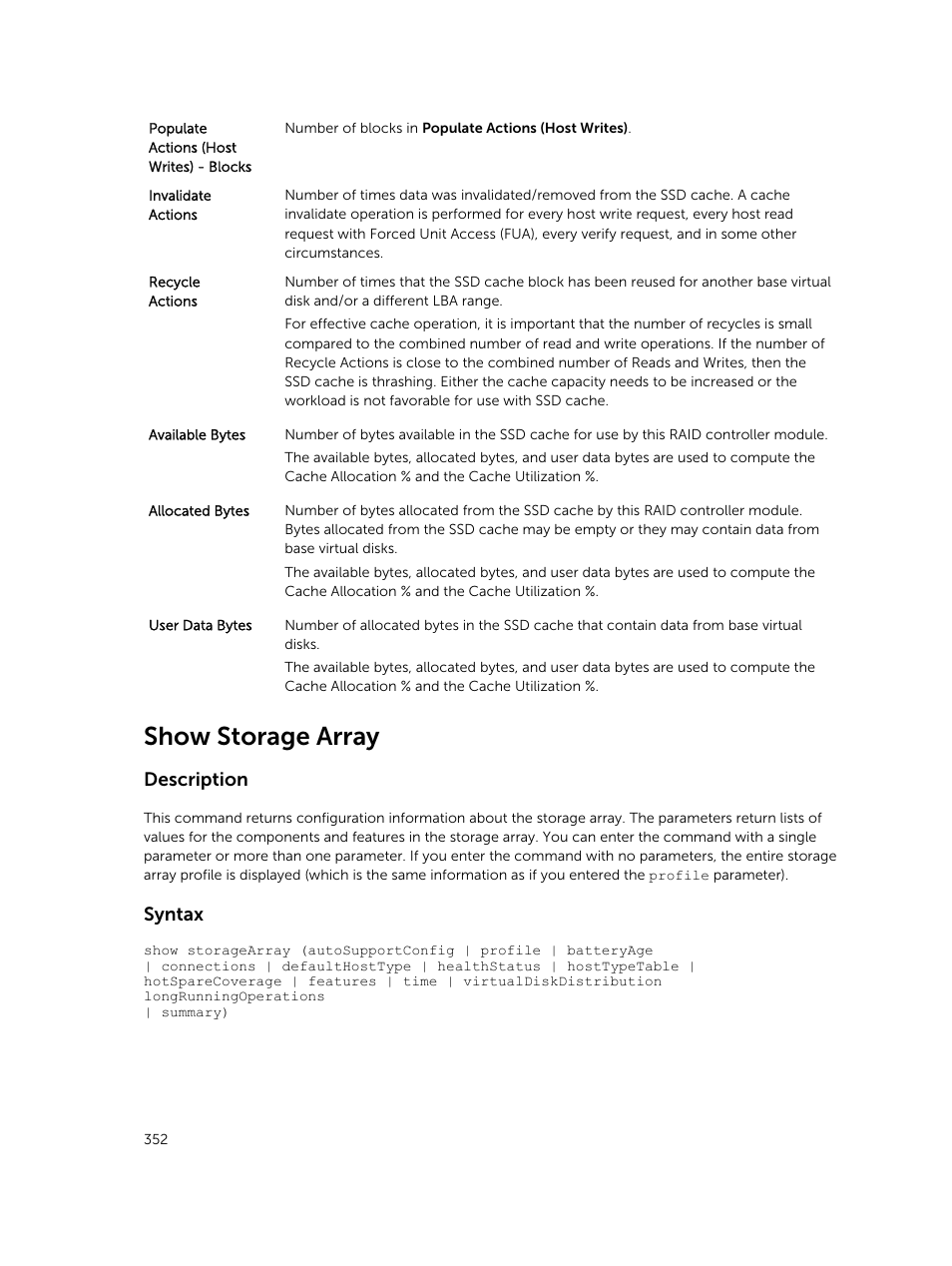 Show storage array, Description, Syntax | Dell PowerVault MD3420 User Manual | Page 352 / 405
