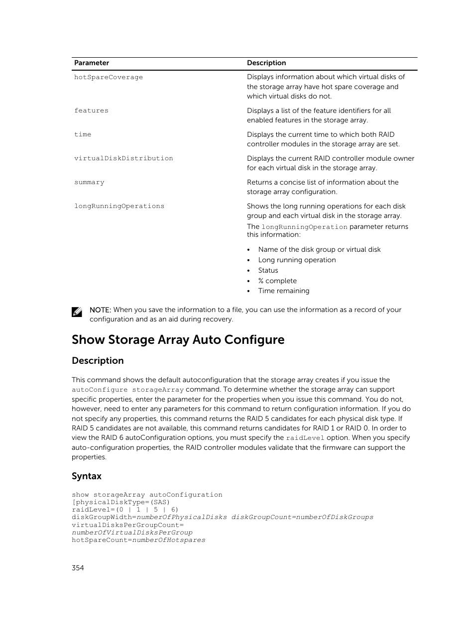 Show storage array auto configure, Description, Syntax | Dell PowerVault MD3420 User Manual | Page 354 / 405