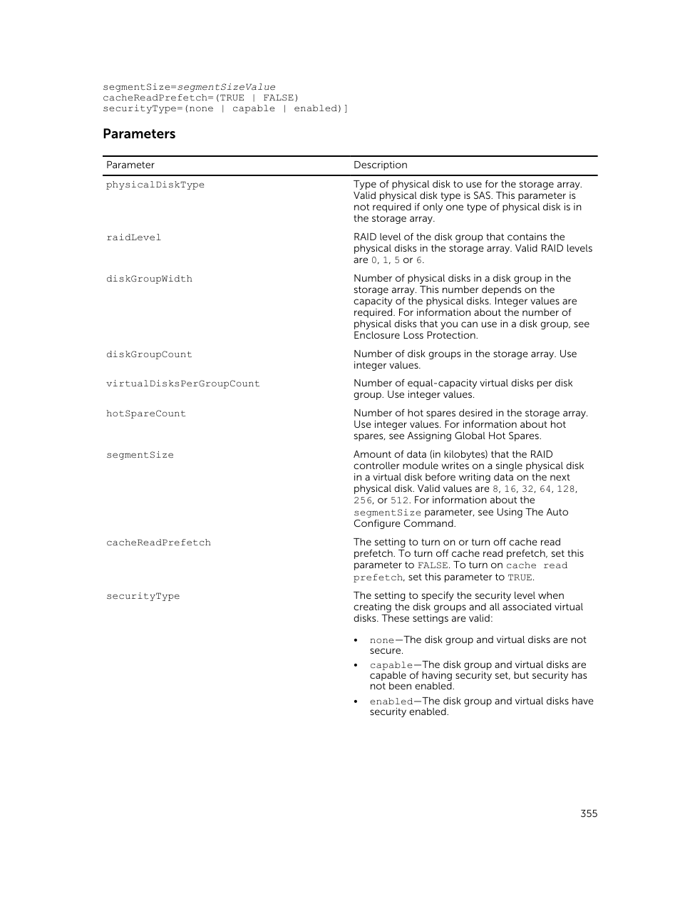 Parameters | Dell PowerVault MD3420 User Manual | Page 355 / 405