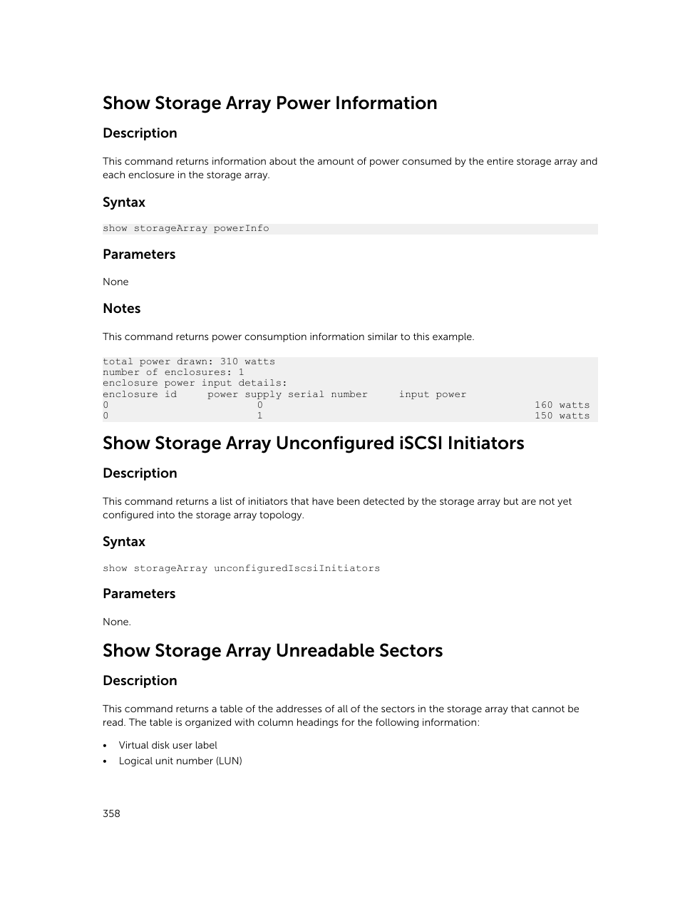 Show storage array power information, Show storage array unconfigured iscsi initiators, Show storage array unreadable sectors | Dell PowerVault MD3420 User Manual | Page 358 / 405