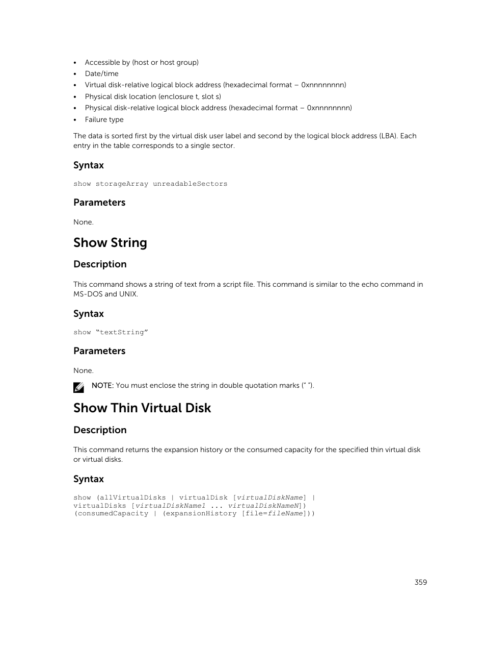 Show string, Show thin virtual disk | Dell PowerVault MD3420 User Manual | Page 359 / 405