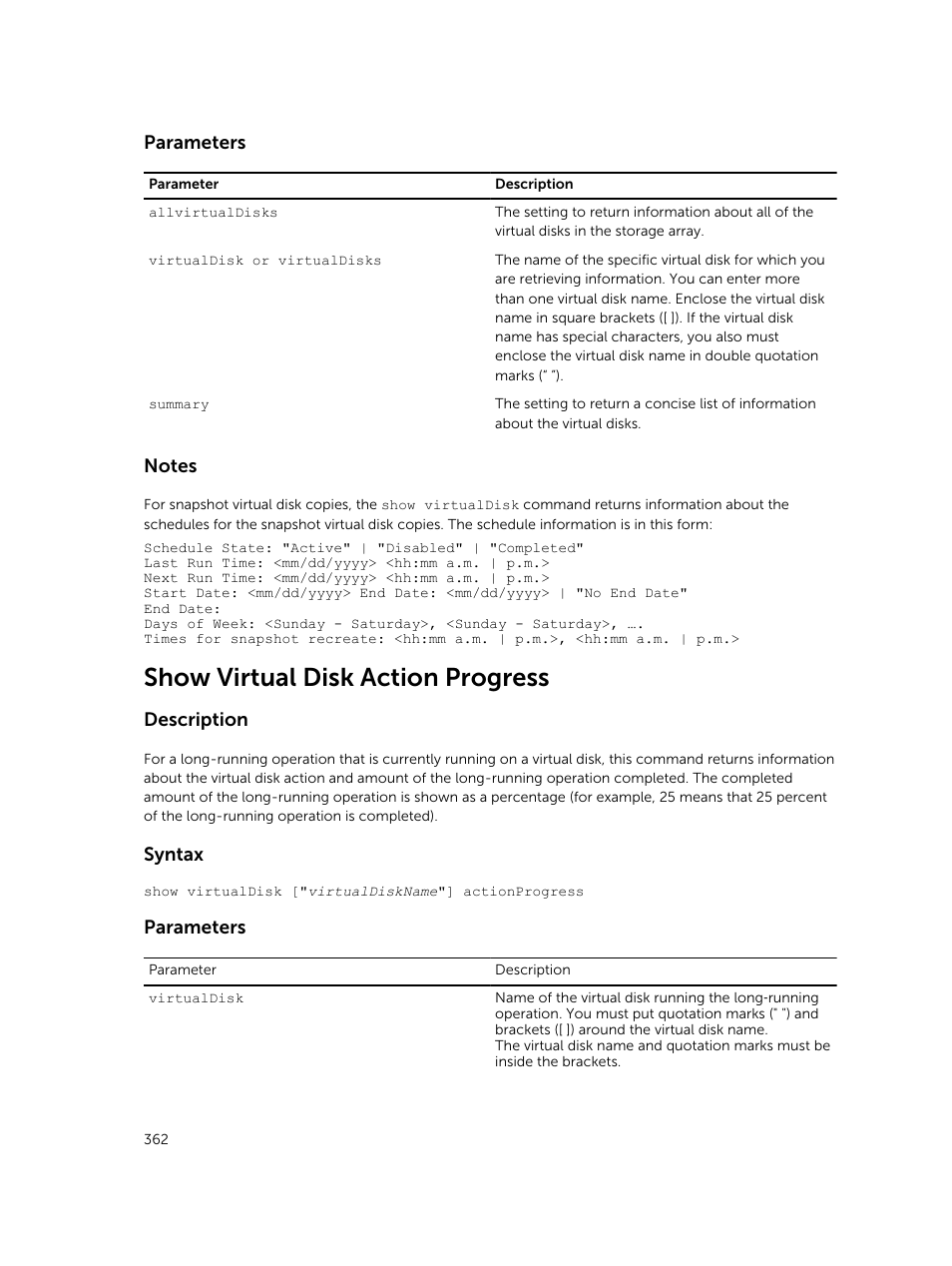 Show virtual disk action progress, Parameters, Description | Syntax | Dell PowerVault MD3420 User Manual | Page 362 / 405