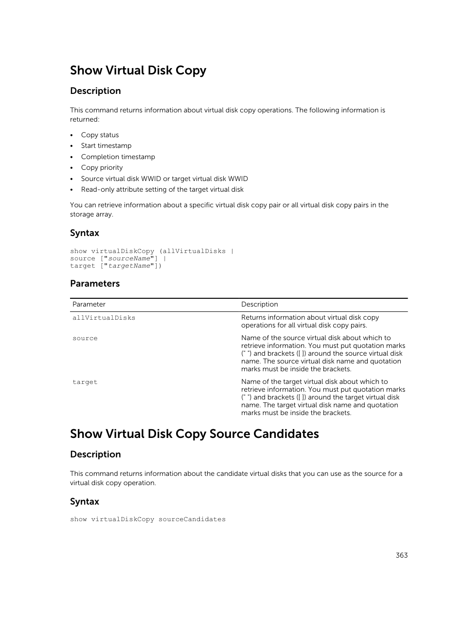 Show virtual disk copy, Show virtual disk copy source candidates, Description | Syntax, Parameters | Dell PowerVault MD3420 User Manual | Page 363 / 405