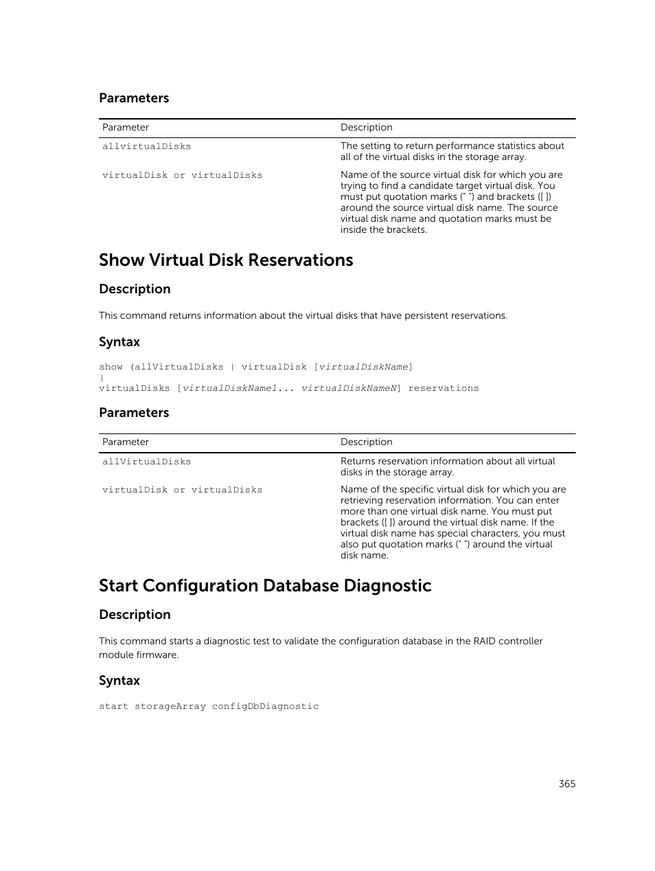 Show virtual disk reservations, Start configuration database diagnostic, Parameters | Description, Syntax | Dell PowerVault MD3420 User Manual | Page 365 / 405