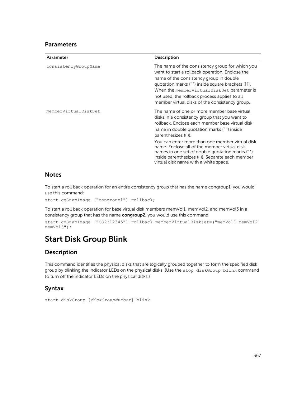 Start disk group blink, Parameters, Description | Syntax | Dell PowerVault MD3420 User Manual | Page 367 / 405