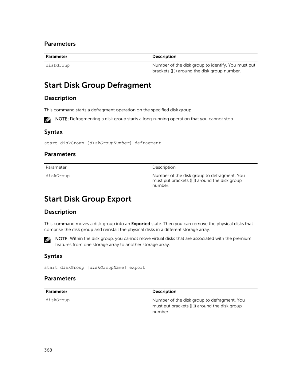 Start disk group defragment, Start disk group export | Dell PowerVault MD3420 User Manual | Page 368 / 405