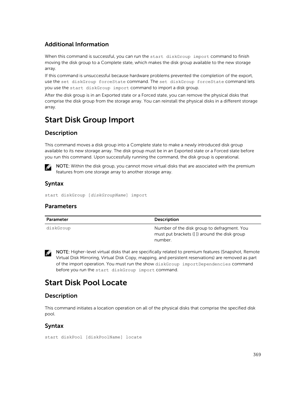 Start disk group import, Start disk pool locate | Dell PowerVault MD3420 User Manual | Page 369 / 405