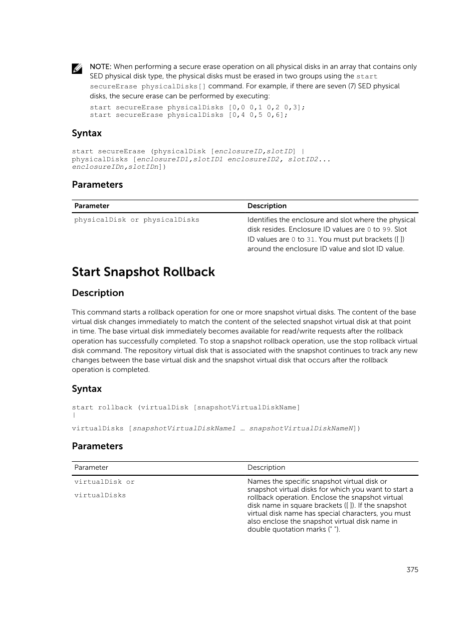Start snapshot rollback, Syntax, Parameters | Description | Dell PowerVault MD3420 User Manual | Page 375 / 405