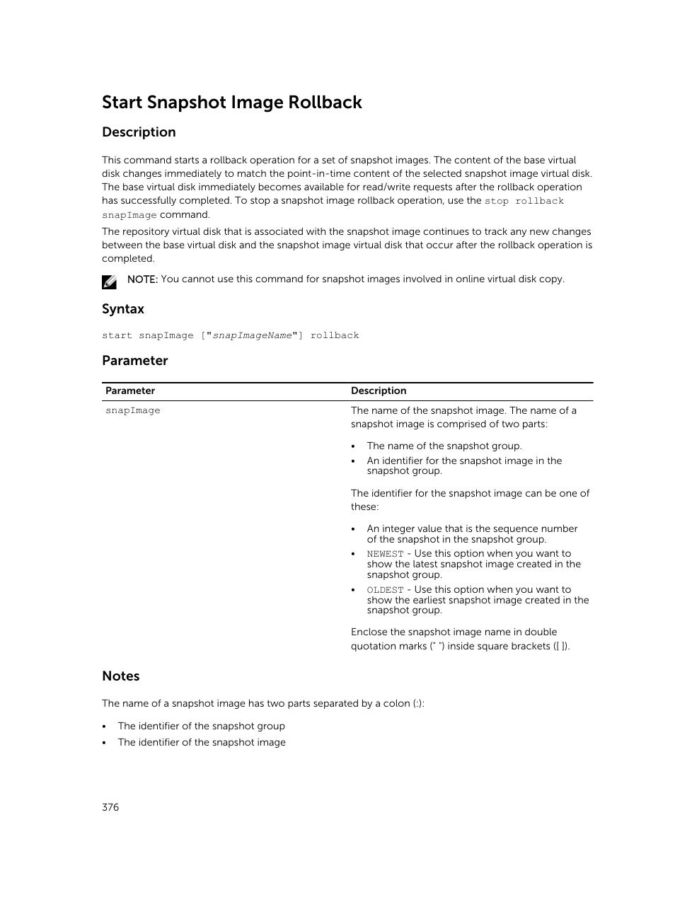 Start snapshot image rollback, Description, Syntax | Parameter | Dell PowerVault MD3420 User Manual | Page 376 / 405
