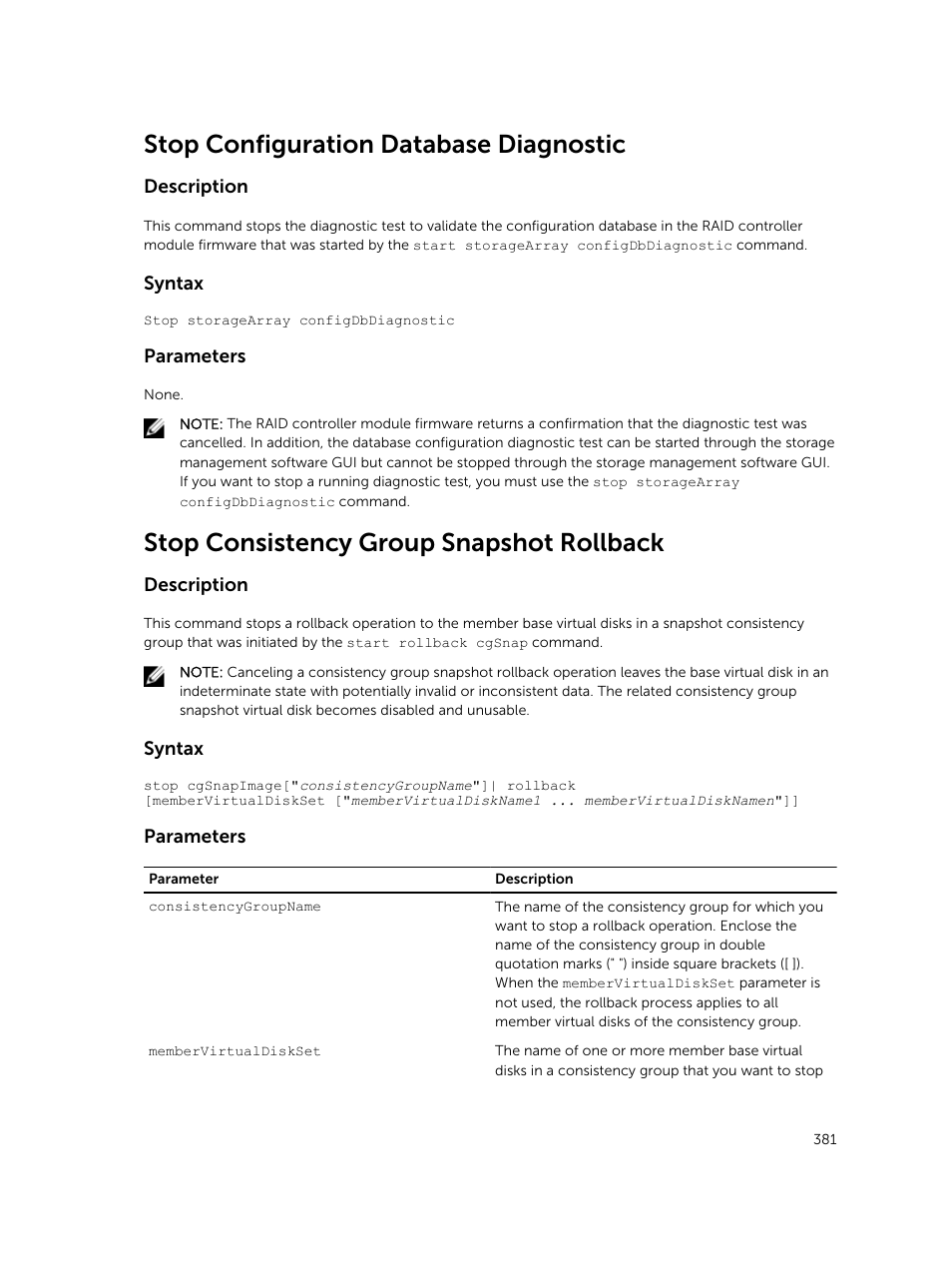 Stop configuration database diagnostic, Stop consistency group snapshot rollback | Dell PowerVault MD3420 User Manual | Page 381 / 405