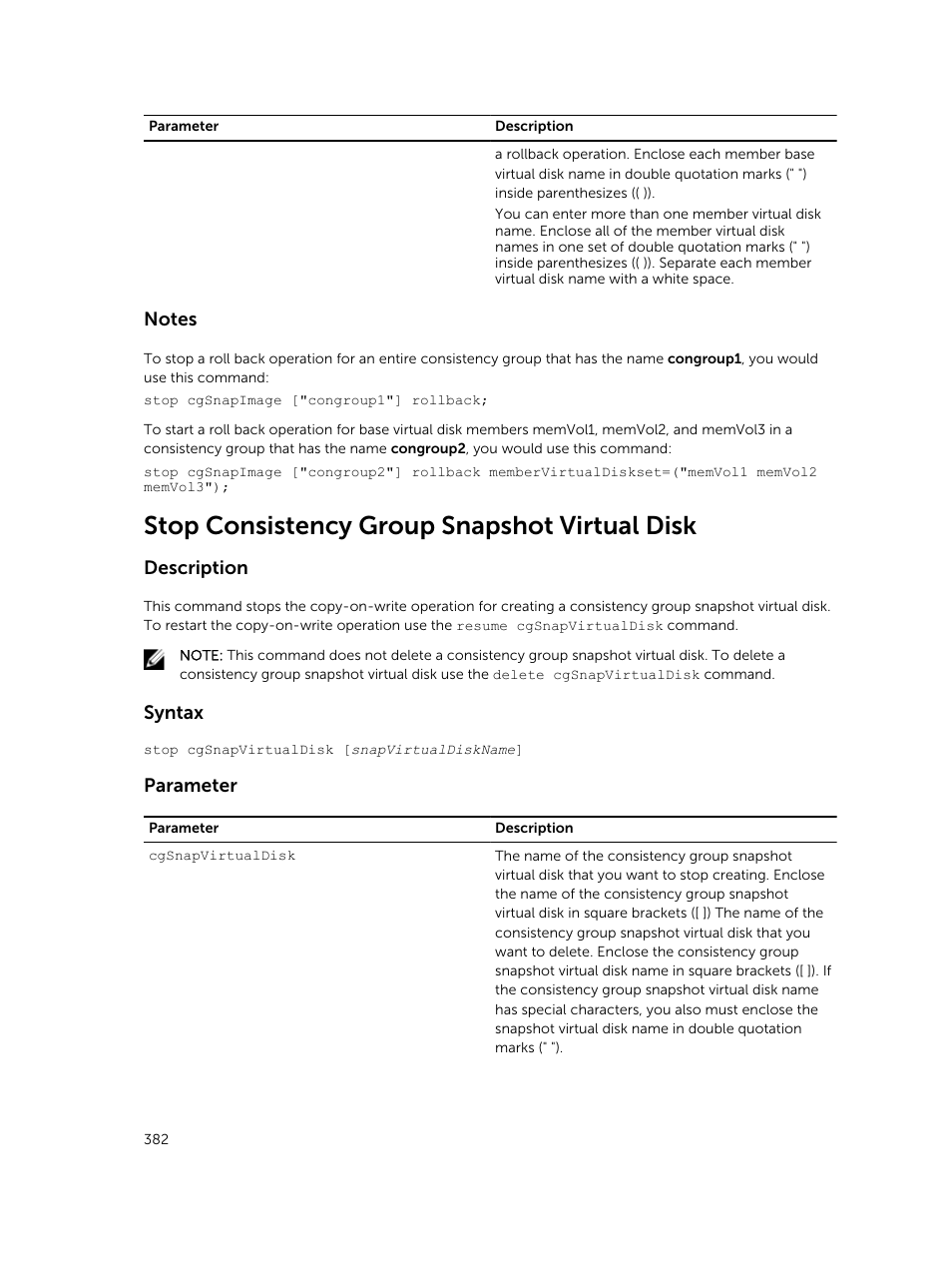 Stop consistency group snapshot virtual disk, Description, Syntax | Parameter | Dell PowerVault MD3420 User Manual | Page 382 / 405