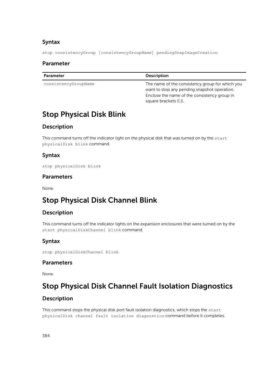 Stop physical disk blink, Stop physical disk channel blink | Dell PowerVault MD3420 User Manual | Page 384 / 405