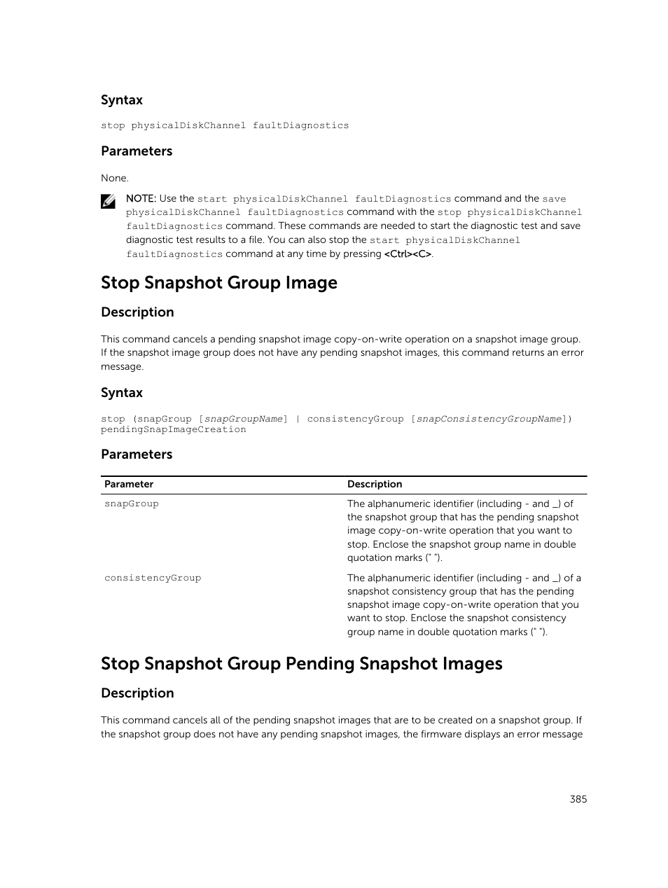 Stop snapshot group image, Stop snapshot group pending snapshot images | Dell PowerVault MD3420 User Manual | Page 385 / 405