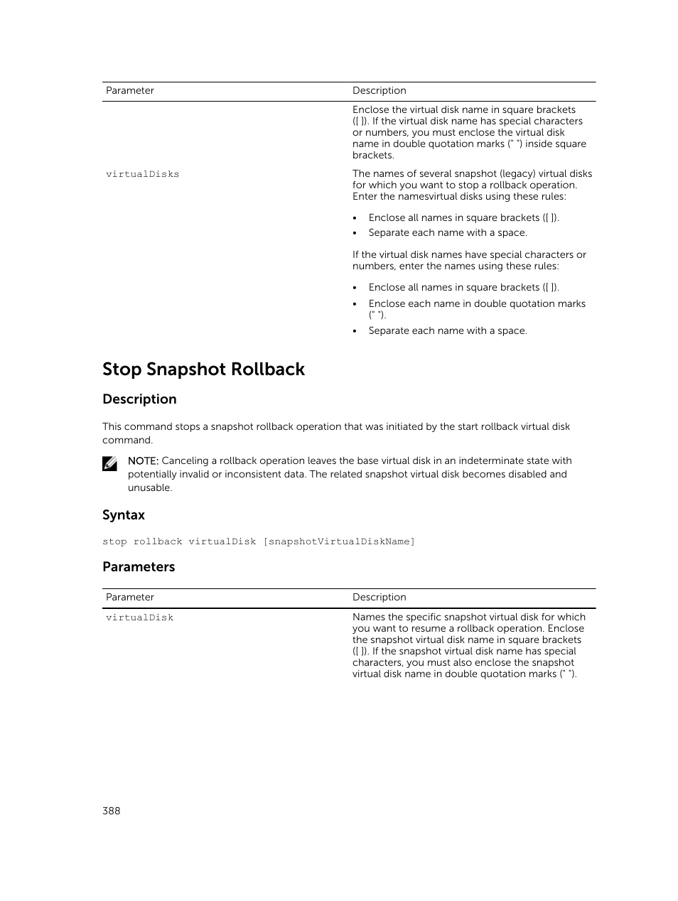 Stop snapshot rollback, Description, Syntax | Parameters | Dell PowerVault MD3420 User Manual | Page 388 / 405
