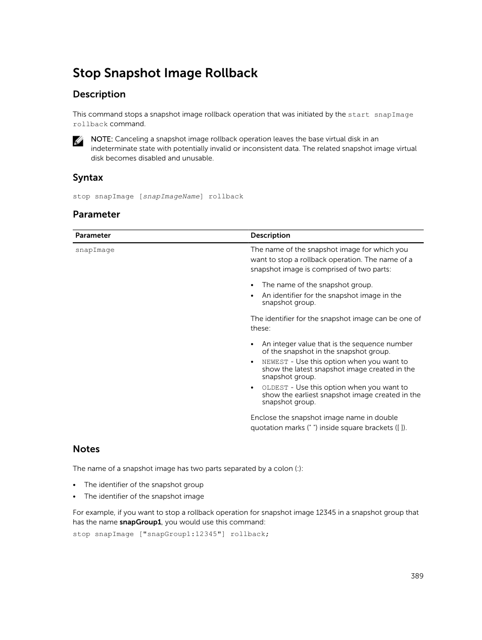 Stop snapshot image rollback, Description, Syntax | Parameter | Dell PowerVault MD3420 User Manual | Page 389 / 405