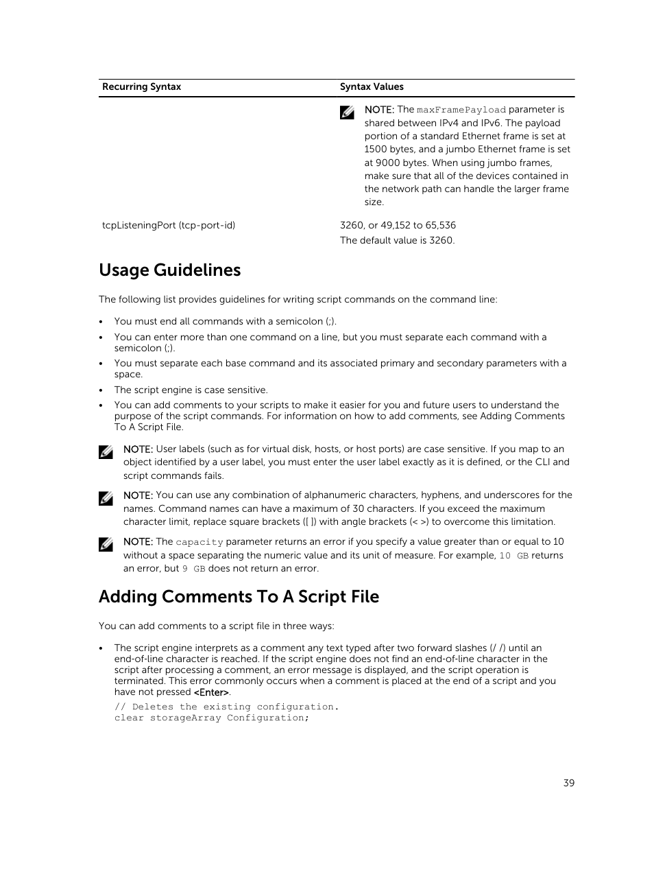 Usage guidelines, Adding comments to a script file | Dell PowerVault MD3420 User Manual | Page 39 / 405
