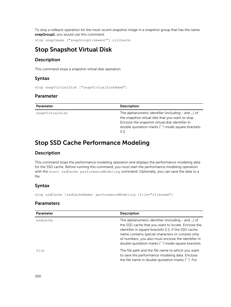 Stop snapshot virtual disk, Stop ssd cache performance modeling | Dell PowerVault MD3420 User Manual | Page 390 / 405