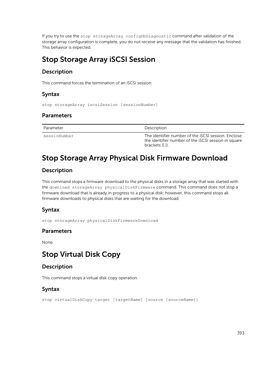 Stop storage array iscsi session, Stop storage array physical disk firmware download, Stop virtual disk copy | Dell PowerVault MD3420 User Manual | Page 393 / 405
