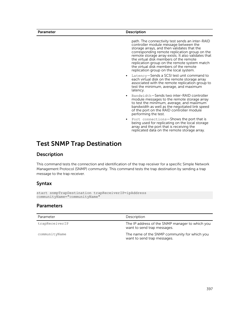 Test snmp trap destination, Description, Syntax | Parameters | Dell PowerVault MD3420 User Manual | Page 397 / 405