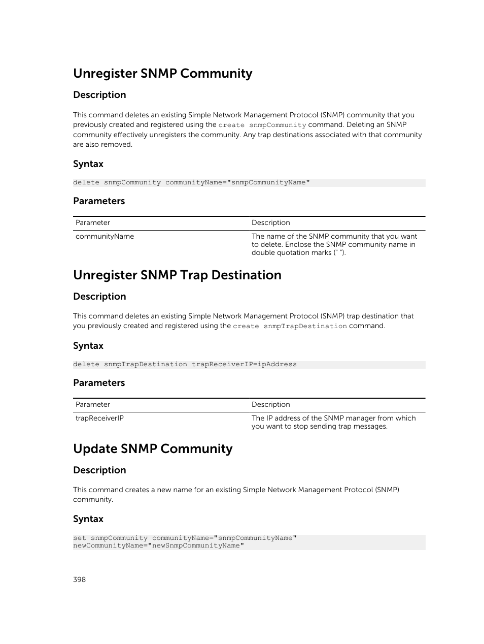 Unregister snmp community, Unregister snmp trap destination, Update snmp community | Dell PowerVault MD3420 User Manual | Page 398 / 405
