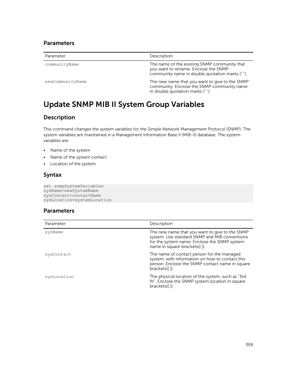 Update snmp mib ii system group variables, Parameters, Description | Syntax | Dell PowerVault MD3420 User Manual | Page 399 / 405