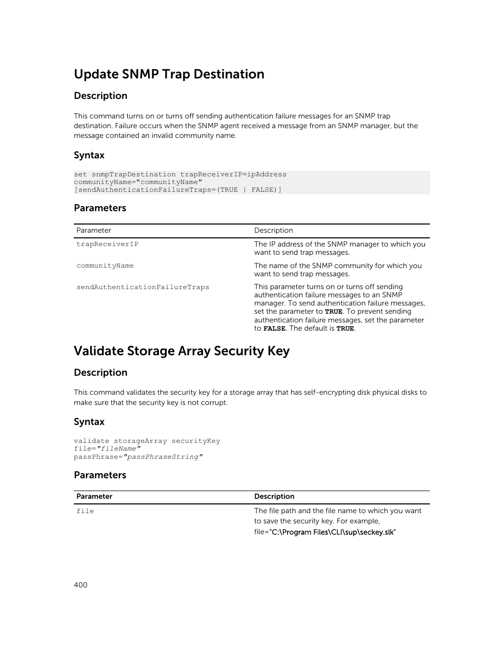 Update snmp trap destination, Validate storage array security key, Description | Syntax, Parameters | Dell PowerVault MD3420 User Manual | Page 400 / 405