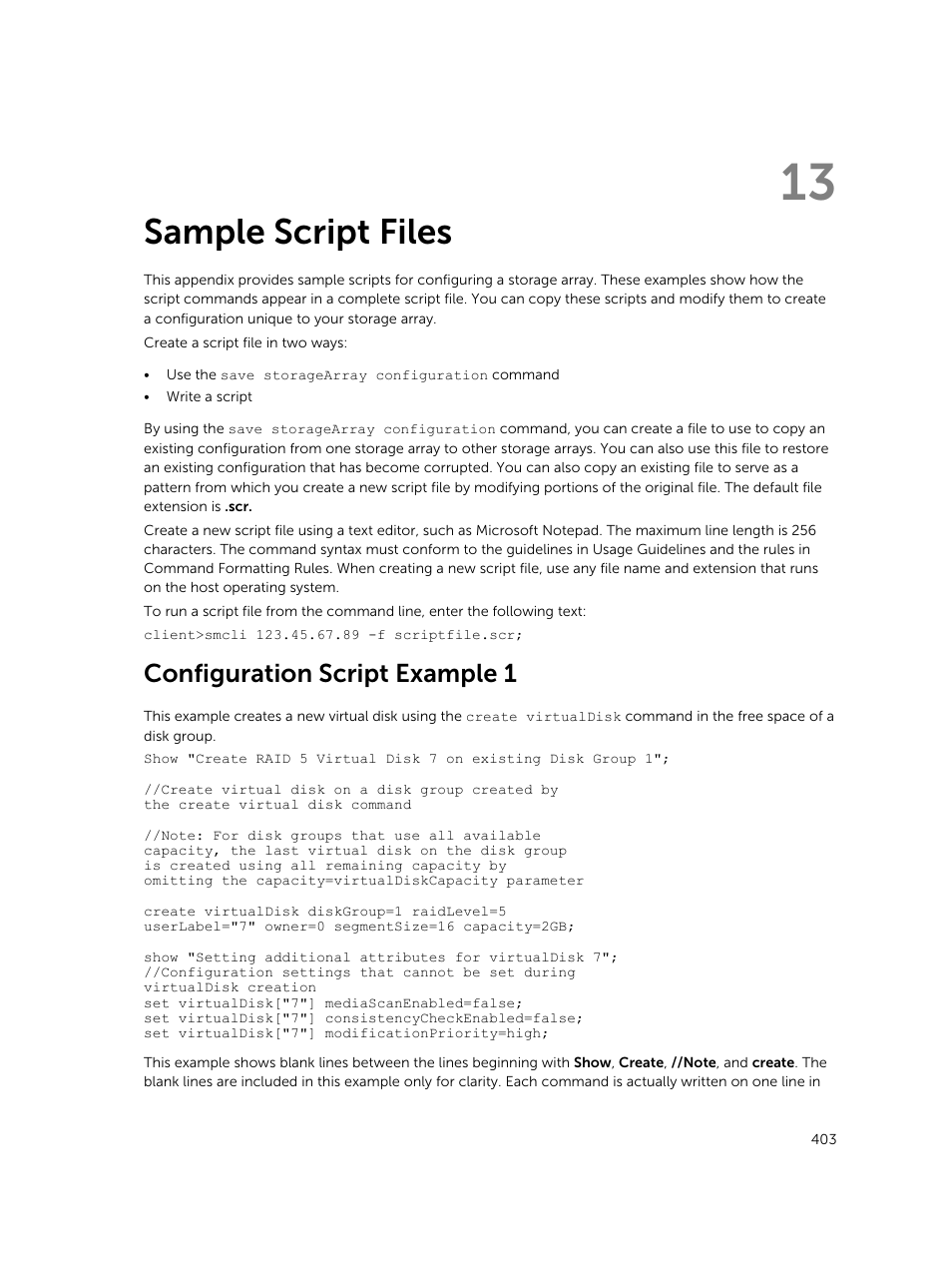 Sample script files, Configuration script example 1, 13 sample script files | Dell PowerVault MD3420 User Manual | Page 403 / 405