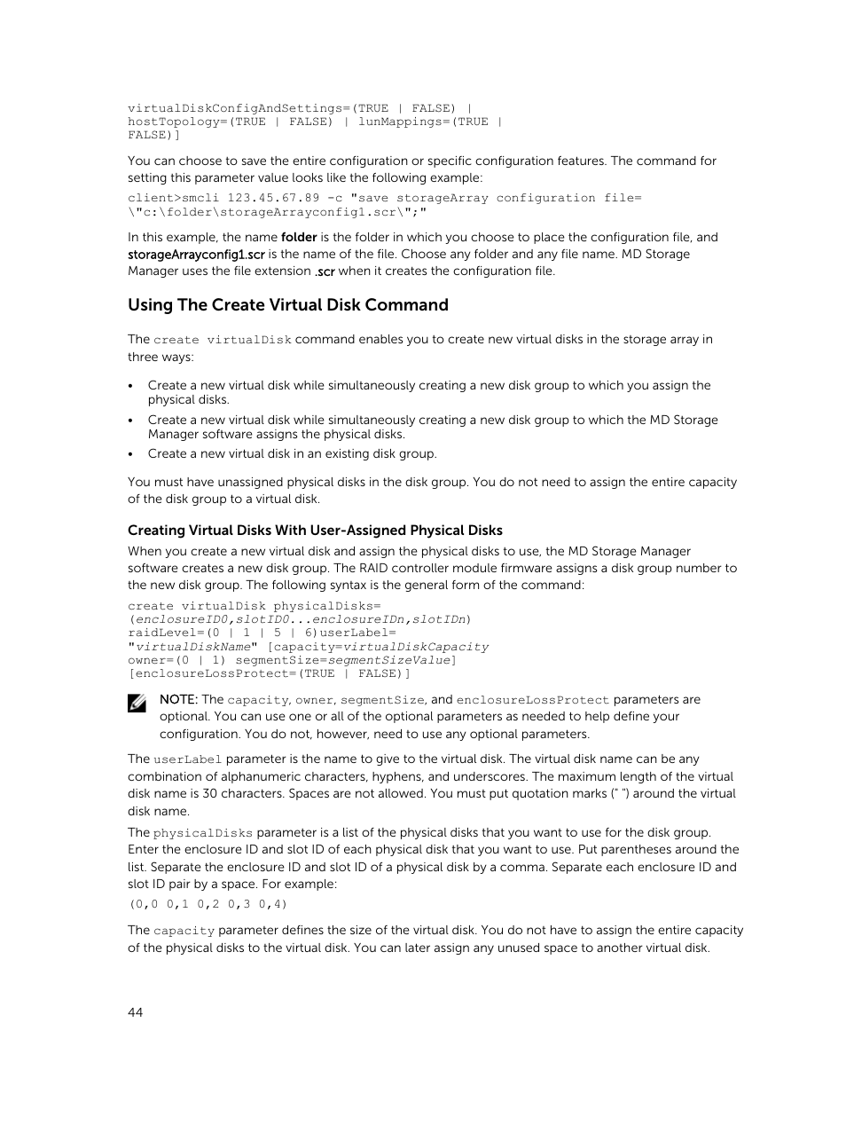 Using the create virtual disk command | Dell PowerVault MD3420 User Manual | Page 44 / 405