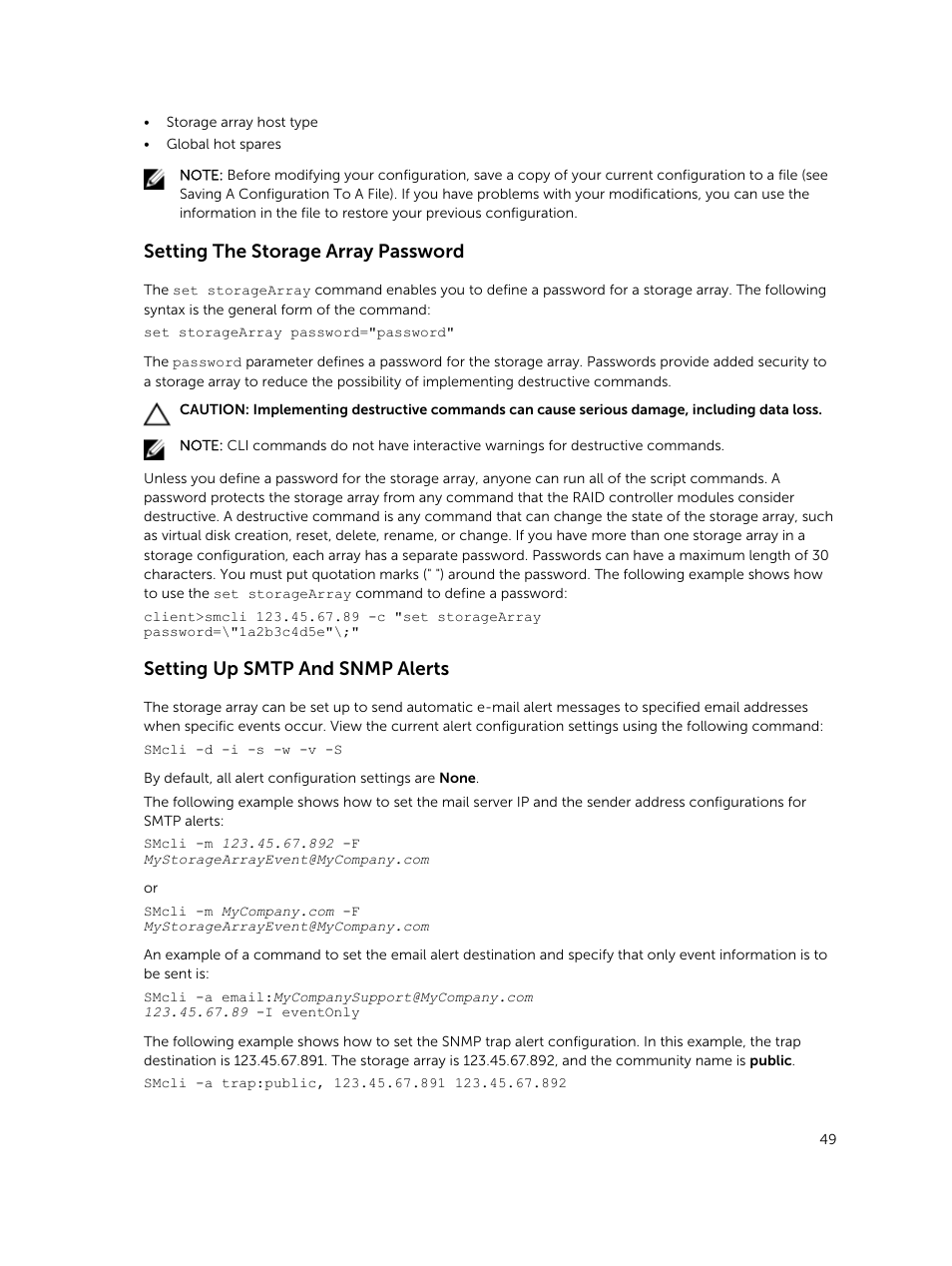 Setting the storage array password, Setting up smtp and snmp alerts | Dell PowerVault MD3420 User Manual | Page 49 / 405
