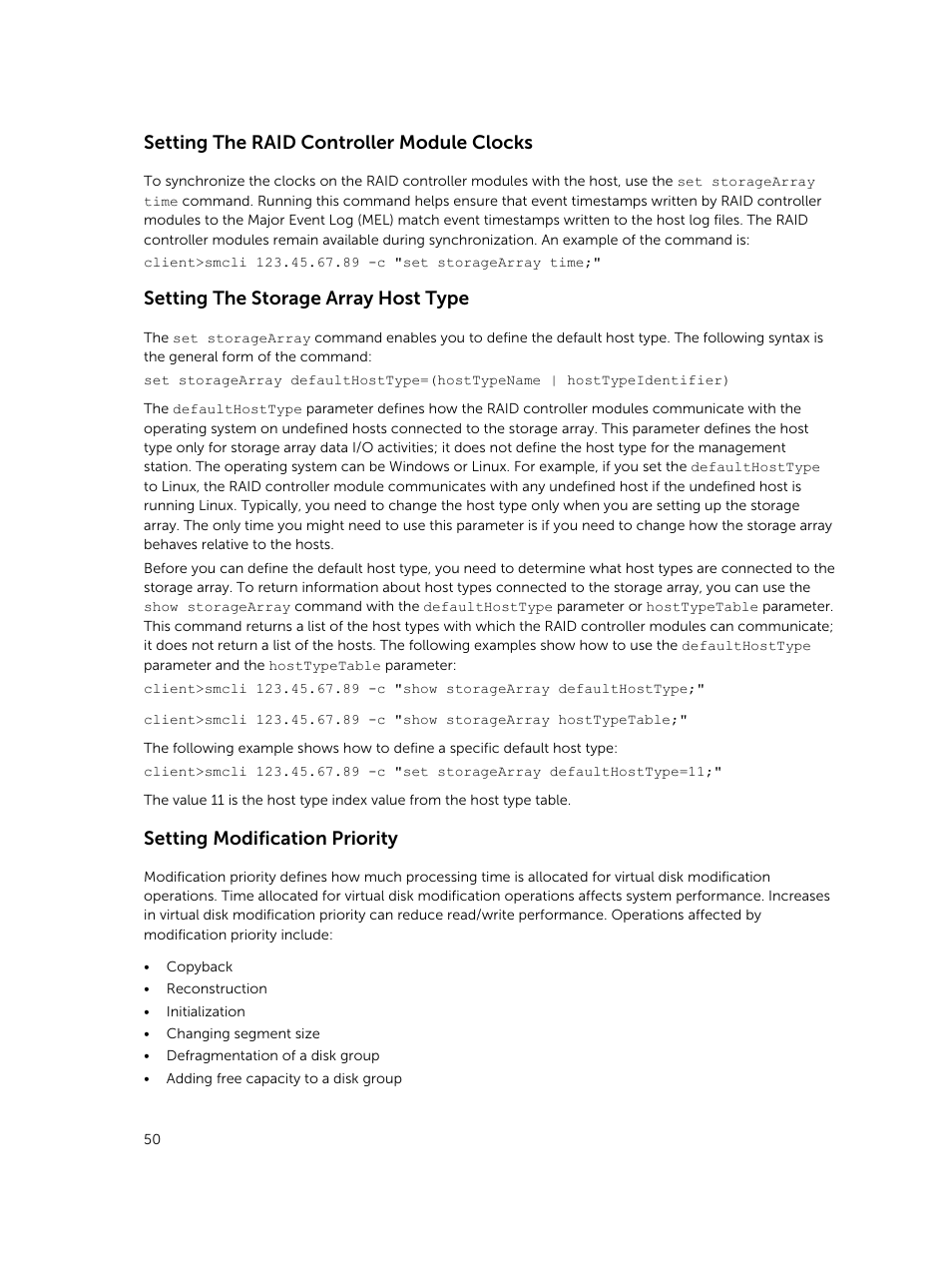 Setting the raid controller module clocks, Setting the storage array host type, Setting modification priority | Dell PowerVault MD3420 User Manual | Page 50 / 405