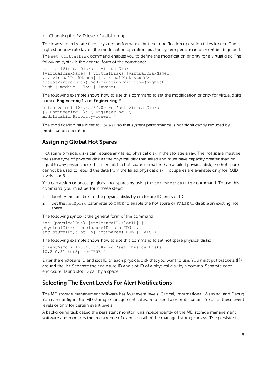 Assigning global hot spares, Selecting the event levels for alert notifications | Dell PowerVault MD3420 User Manual | Page 51 / 405