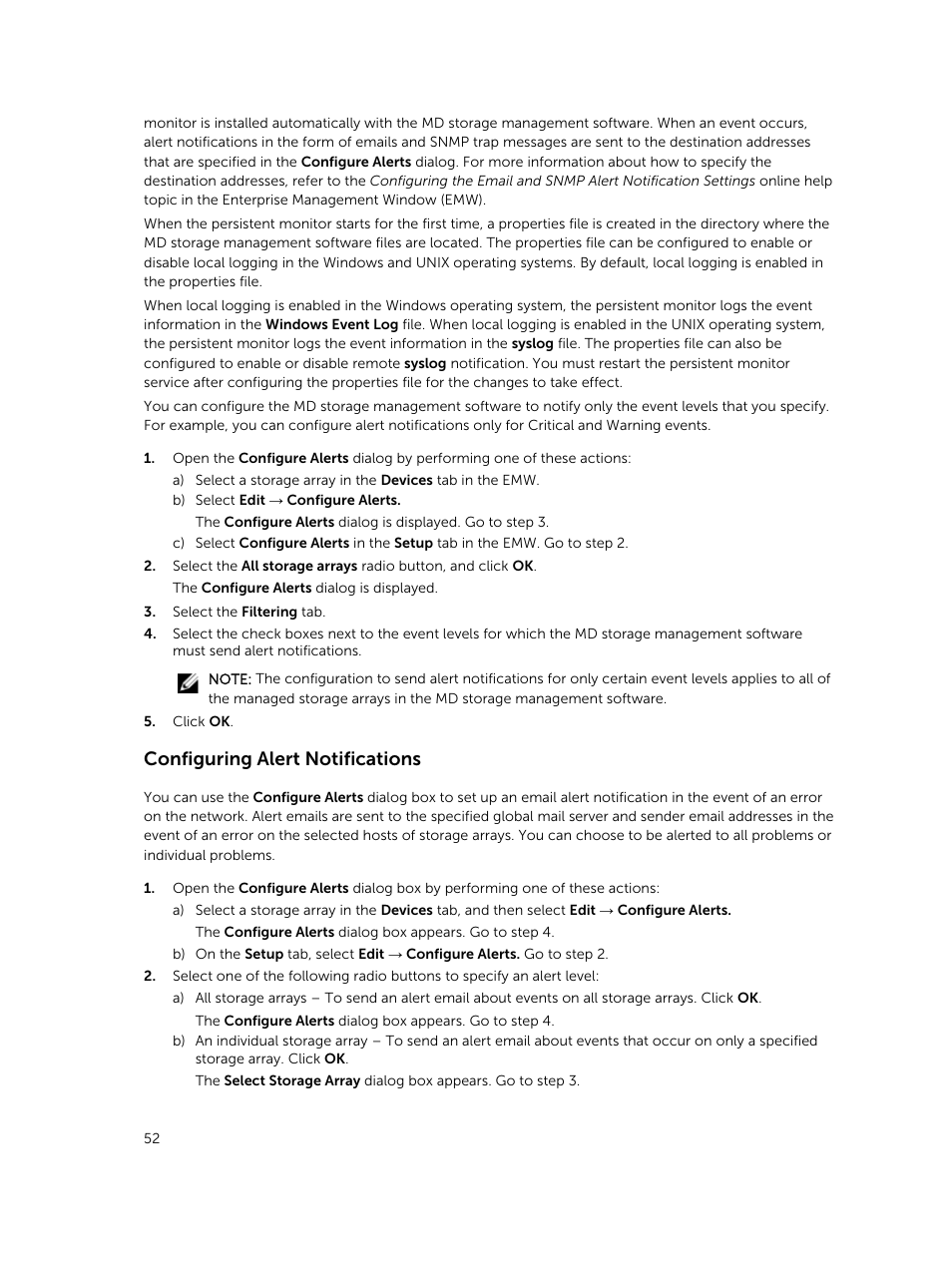 Configuring alert notifications | Dell PowerVault MD3420 User Manual | Page 52 / 405