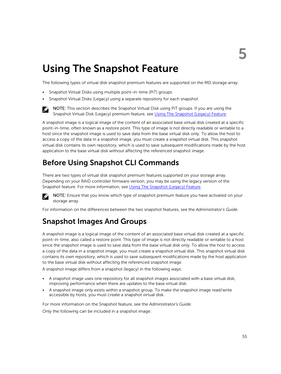 Using the snapshot feature, Before using snapshot cli commands, Snapshot images and groups | 5 using the snapshot feature | Dell PowerVault MD3420 User Manual | Page 55 / 405